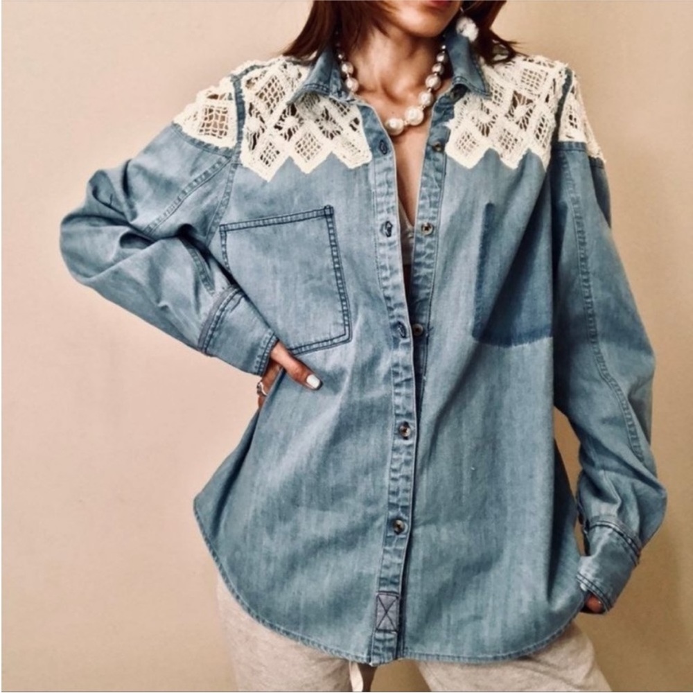 Free People Chambray Denim Shirt Crochet Top